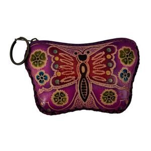 Leather Butterfly Coin Purse Wallet with Key Ring Mexican Pink Tooled